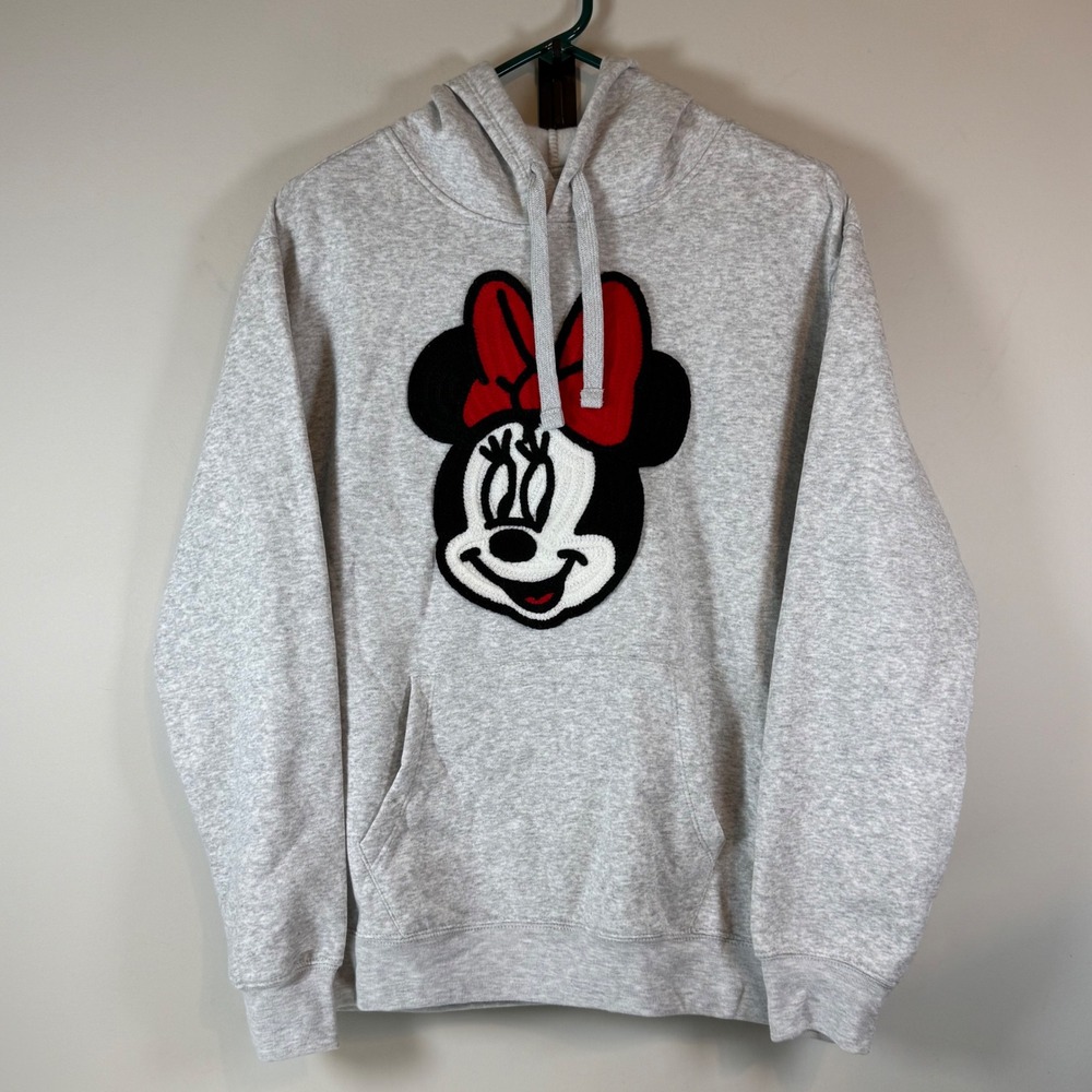 NEW Disney Minnie Mouse Hoodie Women Small Grey Chenille Patch Pullover Vacation